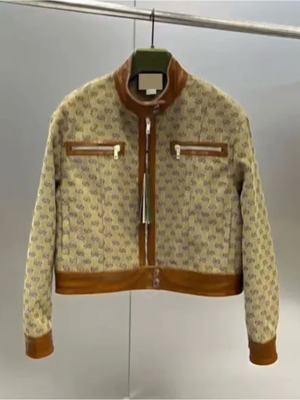 Versace Beige Monogram Cropped Bomber Jacket with Brown Trim